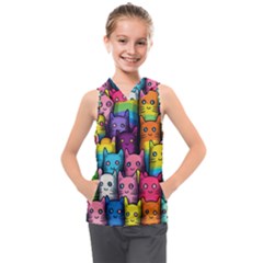 Cats Rainbow Pattern Colorful Feline Pets Kids  Sleeveless Hoodie by Ravend