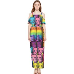 Cats Rainbow Pattern Colorful Feline Pets Draped Sleeveless Chiffon Jumpsuit by Ravend