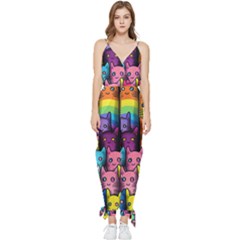 Cats Rainbow Pattern Colorful Feline Pets Sleeveless Tie Ankle Chiffon Jumpsuit by Ravend