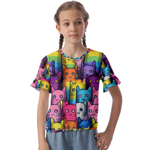 Cats Rainbow Pattern Colorful Feline Pets Kids  Cuff Sleeve Scrunch Bottom Tee by Ravend