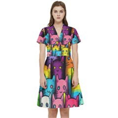 Cats Rainbow Pattern Colorful Feline Pets Short Sleeve Waist Detail Dress by Ravend