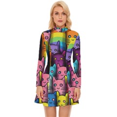 Cats Rainbow Pattern Colorful Feline Pets Long Sleeve Velour Longline Dress by Ravend