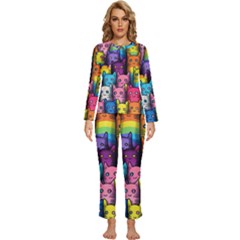 Cats Rainbow Pattern Colorful Feline Pets Womens  Long Sleeve Lightweight Pajamas Set