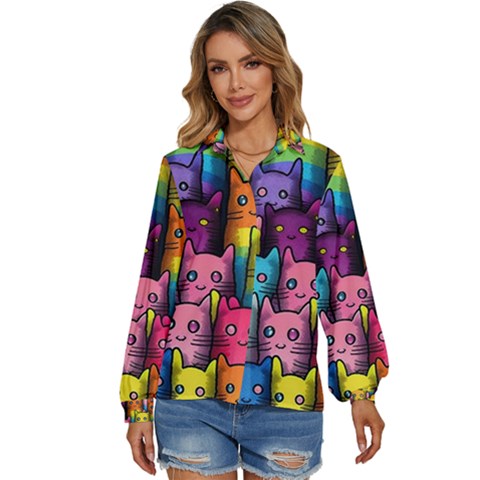 Cats Rainbow Pattern Colorful Feline Pets Women s Long Sleeve Button Up Shirt by Ravend