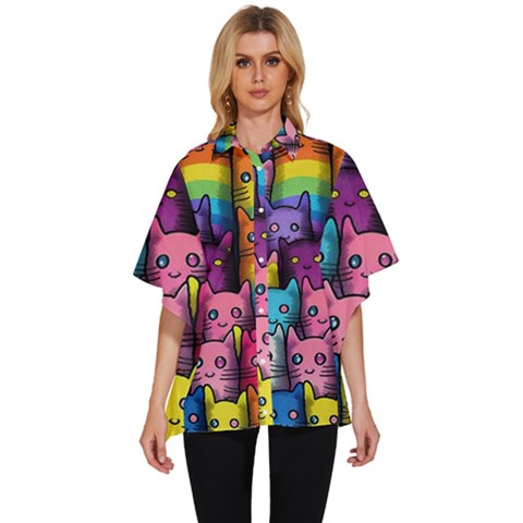 Cats Rainbow Pattern Colorful Feline Pets Women s Batwing Button Up Shirt by Ravend