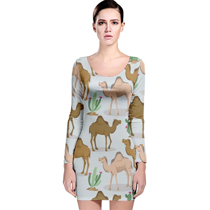 Camels-cactus-desert-pattern Long Sleeve Velvet Bodycon Dress