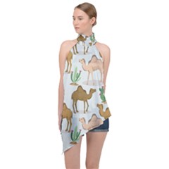 Camels-cactus-desert-pattern Halter Asymmetric Satin Top by Salman4z