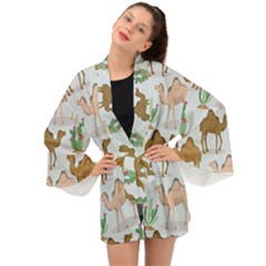 Camels-cactus-desert-pattern Long Sleeve Kimono by Salman4z