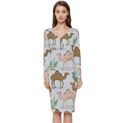 Camels-cactus-desert-pattern Long Sleeve V-neck Bodycon Dress  by Salman4z