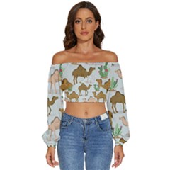 Camels-cactus-desert-pattern Long Sleeve Crinkled Weave Crop Top by Salman4z