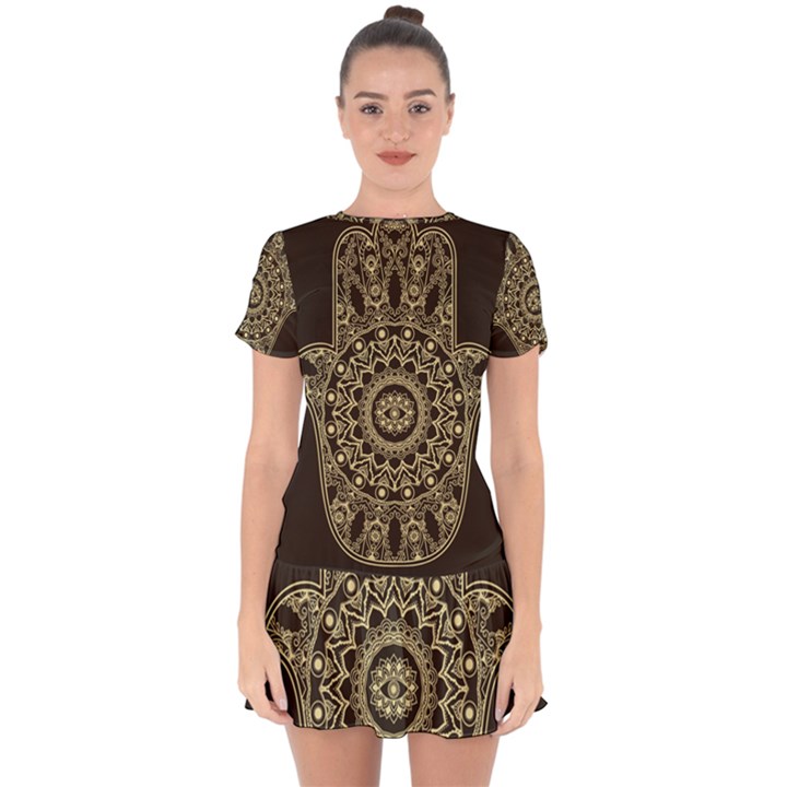 Hamsa-hand-drawn-symbol-with-flower-decorative-pattern Drop Hem Mini Chiffon Dress