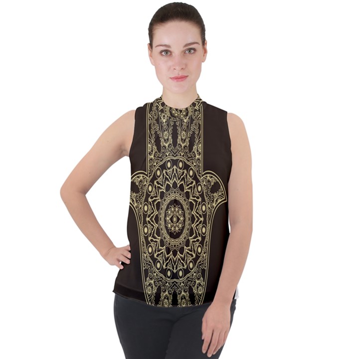 Hamsa-hand-drawn-symbol-with-flower-decorative-pattern Mock Neck Chiffon Sleeveless Top