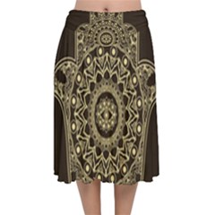 Hamsa-hand-drawn-symbol-with-flower-decorative-pattern Velvet Flared Midi Skirt by Salman4z