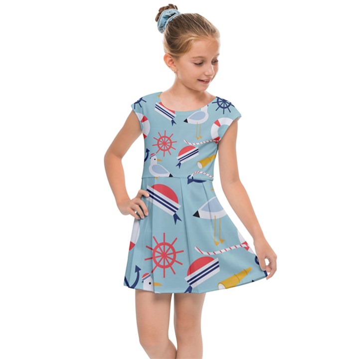 Nautical-marine-symbols-seamless-pattern Kids  Cap Sleeve Dress