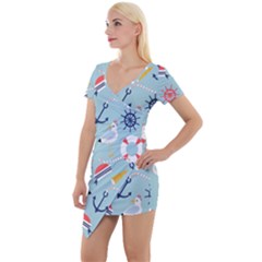 Nautical-marine-symbols-seamless-pattern Short Sleeve Asymmetric Mini Dress by Salman4z