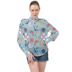 Nautical-marine-symbols-seamless-pattern High Neck Long Sleeve Chiffon Top by Salman4z