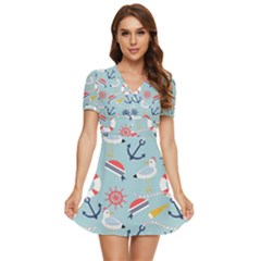 Nautical-marine-symbols-seamless-pattern V-neck High Waist Chiffon Mini Dress by Salman4z