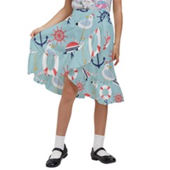 Nautical-marine-symbols-seamless-pattern Kids  Ruffle Flared Wrap Midi Skirt