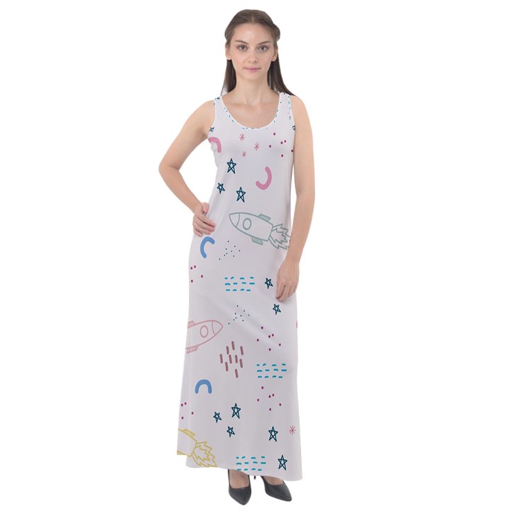 Spaceship Pattern Star Sleeveless Velour Maxi Dress