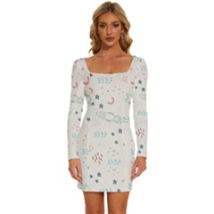 Spaceship Pattern Star Long Sleeve Square Neck Bodycon Velvet Dress by danenraven