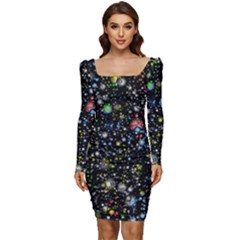 Illustration Universe Star Planet Women Long Sleeve Ruched Stretch Jersey Dress by danenraven