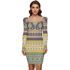 Seamless-pattern-egyptian-ornament-with-lotus-flower Women Long Sleeve Ruched Stretch Jersey Dress by Salman4z