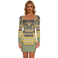 Seamless-pattern-egyptian-ornament-with-lotus-flower Long Sleeve Square Neck Bodycon Velvet Dress by Salman4z