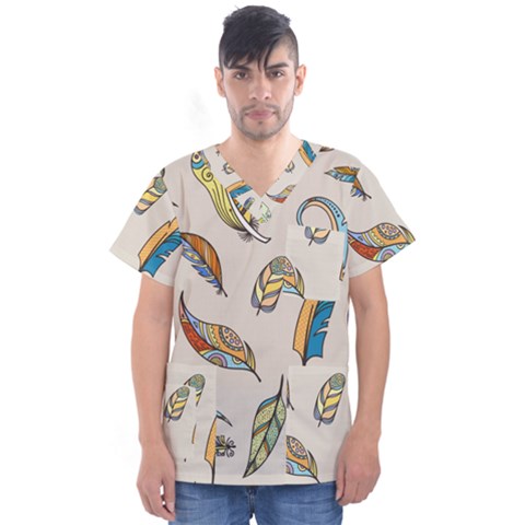 Vector-boho-doodle-feathers-seamless-pattern-illustration Men s V-neck Scrub Top by Salman4z