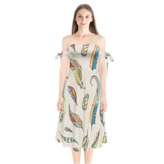 Vector-boho-doodle-feathers-seamless-pattern-illustration Shoulder Tie Bardot Midi Dress by Salman4z