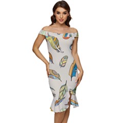 Vector-boho-doodle-feathers-seamless-pattern-illustration Off Shoulder Ruffle Split Hem Bodycon Dress by Salman4z