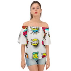 Set-colorful-comic-speech-bubbles Off Shoulder Short Sleeve Top by Salman4z