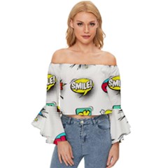 Set-colorful-comic-speech-bubbles Off Shoulder Flutter Bell Sleeve Top by Salman4z