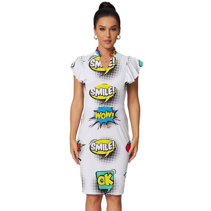 Set-colorful-comic-speech-bubbles Vintage Frill Sleeve V-Neck Bodycon Dress