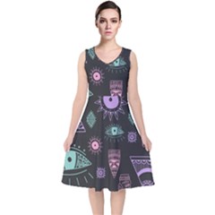 Vintage-seamless-pattern-with-tribal-art-african-style-drawing V-neck Midi Sleeveless Dress  by Salman4z