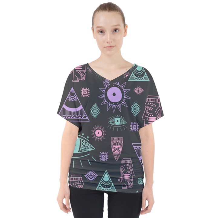 Vintage-seamless-pattern-with-tribal-art-african-style-drawing V-Neck Dolman Drape Top