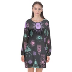 Vintage-seamless-pattern-with-tribal-art-african-style-drawing Long Sleeve Chiffon Shift Dress  by Salman4z