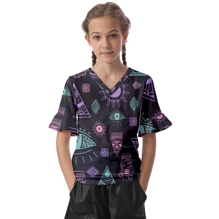 Vintage-seamless-pattern-with-tribal-art-african-style-drawing Kids  V-Neck Horn Sleeve Blouse