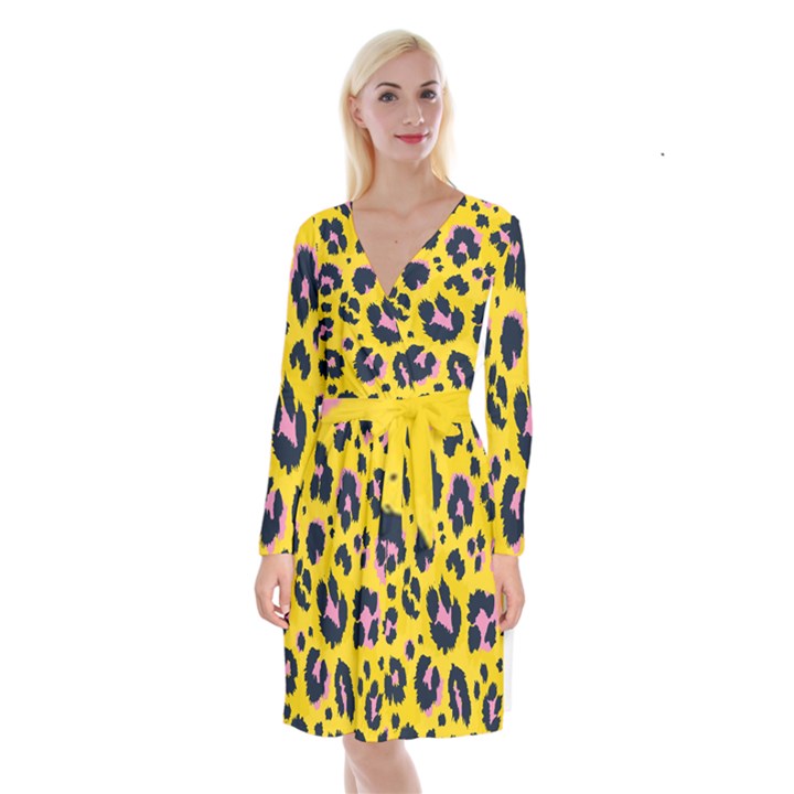 Leopard-print-seamless-pattern Long Sleeve Velvet Front Wrap Dress