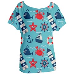 Seamless-pattern-nautical-icons-cartoon-style Women s Oversized Tee