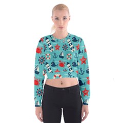 Seamless-pattern-nautical-icons-cartoon-style Cropped Sweatshirt by Salman4z