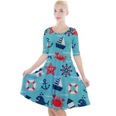 Seamless-pattern-nautical-icons-cartoon-style Quarter Sleeve A-line Dress by Salman4z