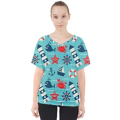 Seamless-pattern-nautical-icons-cartoon-style V-neck Dolman Drape Top