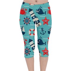 Seamless-pattern-nautical-icons-cartoon-style Velvet Capri Leggings  by Salman4z