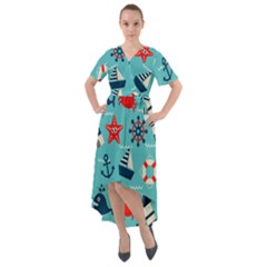 Seamless-pattern-nautical-icons-cartoon-style Front Wrap High Low Dress by Salman4z