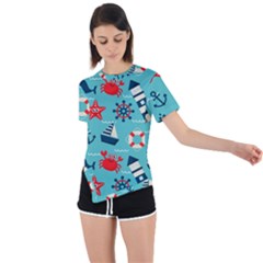 Seamless-pattern-nautical-icons-cartoon-style Asymmetrical Short Sleeve Sports Tee by Salman4z