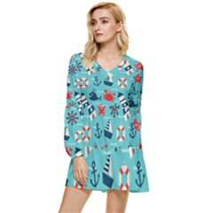 Seamless-pattern-nautical-icons-cartoon-style Tiered Long Sleeve Mini Dress by Salman4z