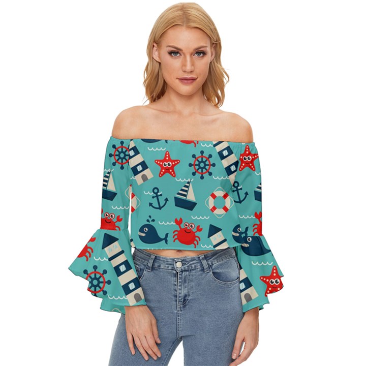 Seamless-pattern-nautical-icons-cartoon-style Off Shoulder Flutter Bell Sleeve Top