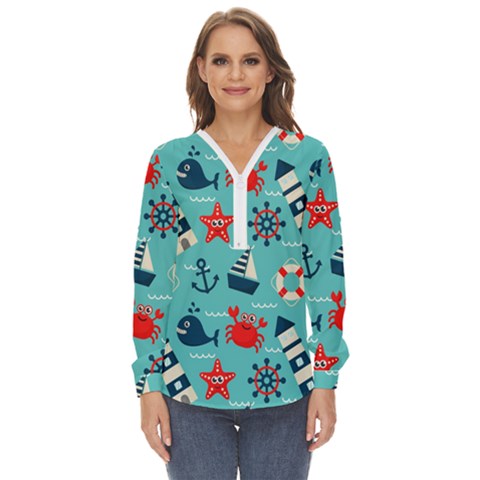 Seamless-pattern-nautical-icons-cartoon-style Zip Up Long Sleeve Blouse by Salman4z