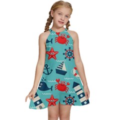 Seamless-pattern-nautical-icons-cartoon-style Kids  Halter Collar Waist Tie Chiffon Dress by Salman4z