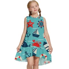 Seamless-pattern-nautical-icons-cartoon-style Kids  Frill Swing Dress by Salman4z